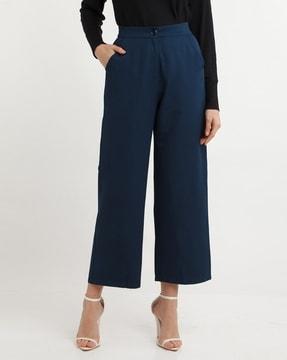 flat-front wide-leg trousers with insert pockets