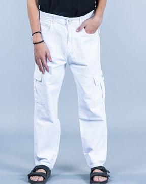 flat-front baggy jeans with flap pockets