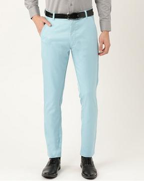 flat front checked slim fit trousers