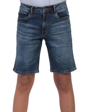 flat-front denim shorts with insert pockets