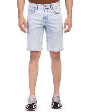 flat-front denim shorts with insert pockets