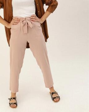 flat-front flared pants with tie-up