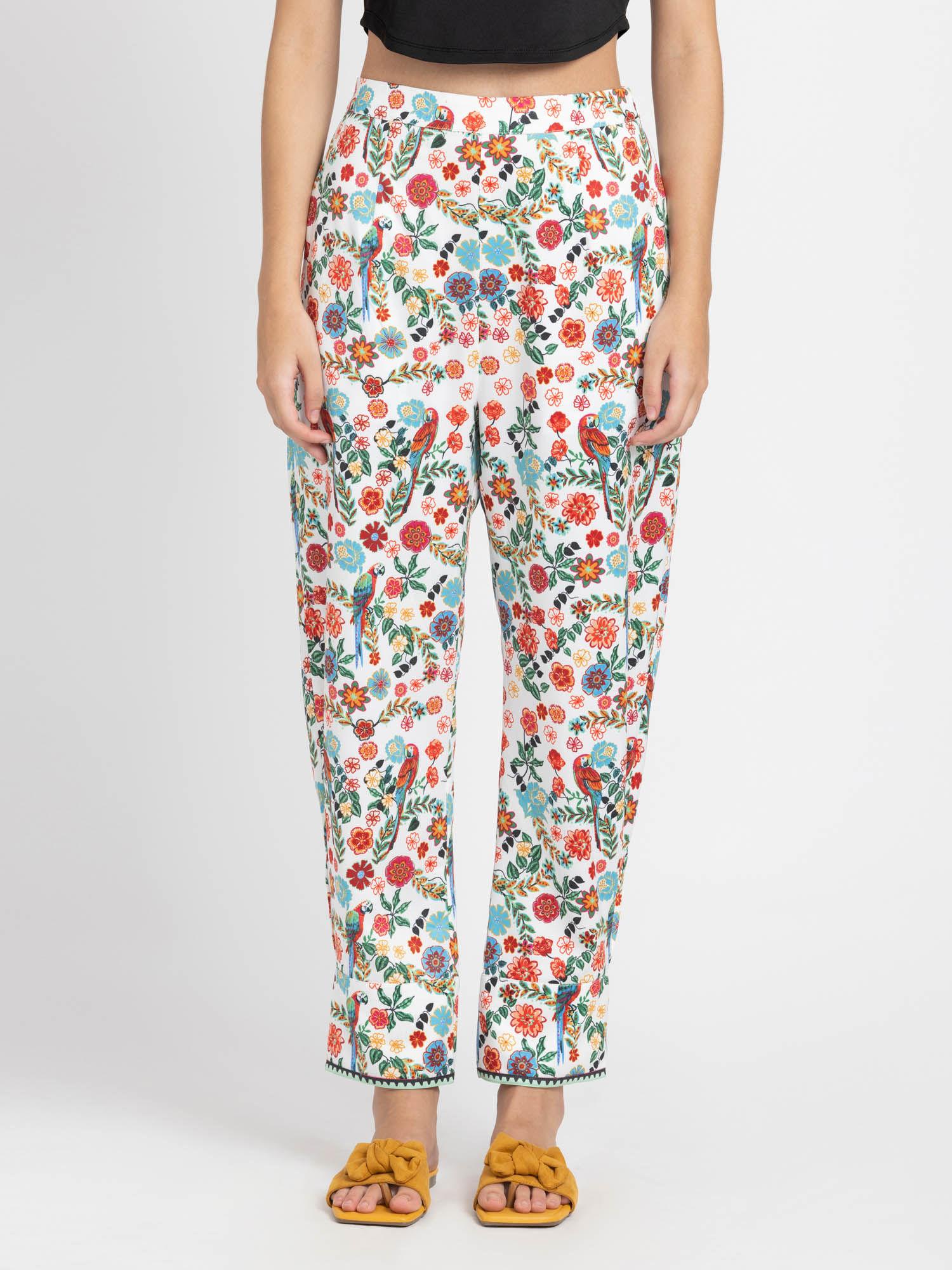 flat-front floral print regular fit party trousers for women