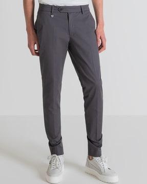 flat-front mid-rise trousers