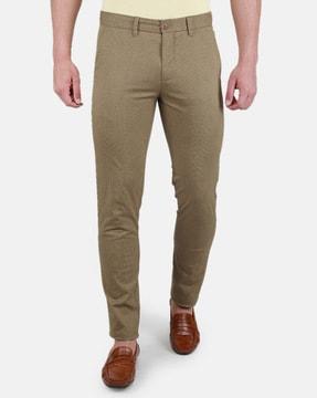 flat-front pants with button closure