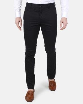 flat-front pants with button closure