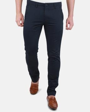 flat-front pants with button closure