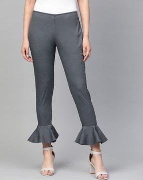 flat-front pants with flared hem