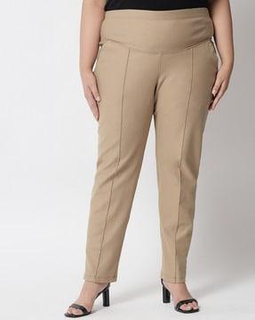 flat-front plus size pants with elasticated waistband