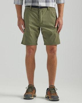 flat-front shorts with back pockets