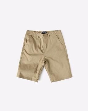 flat-front shorts with button closure