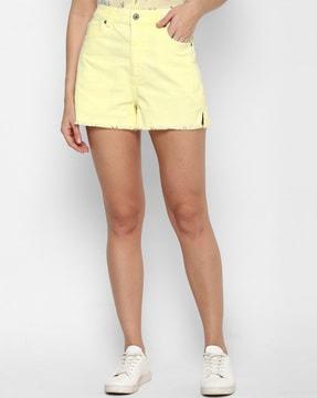 flat-front shorts with distressed hem