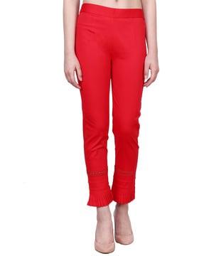 flat-front slim fit ankle-length trousers with pleated hems