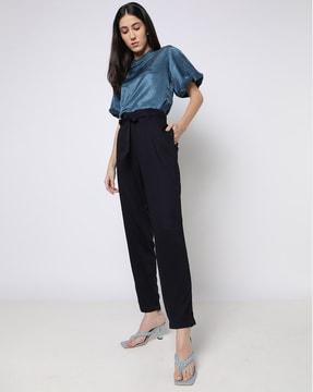 flat-front tapered fit trousers with waist tie-up