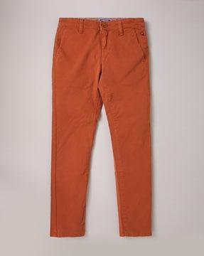 flat-front trousers with button closure