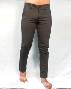 flat-front trousers with button closure
