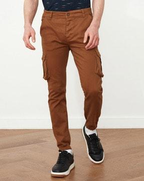 flat-front trousers with cargo pockets