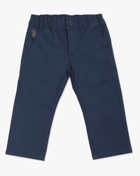 flat-front trousers with placement logo