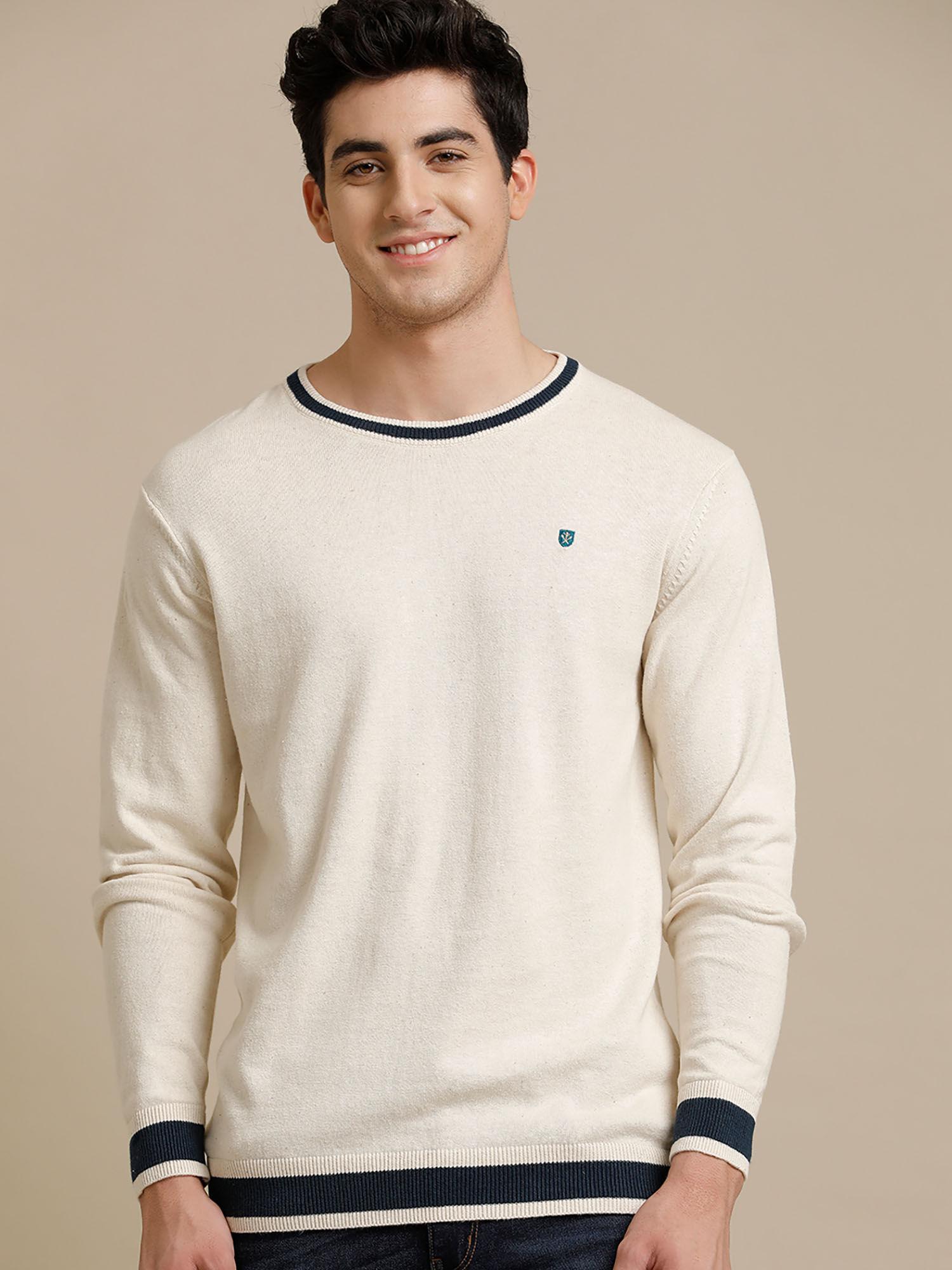 flat knit crew neck off white solid full sleeve t-shirt for men