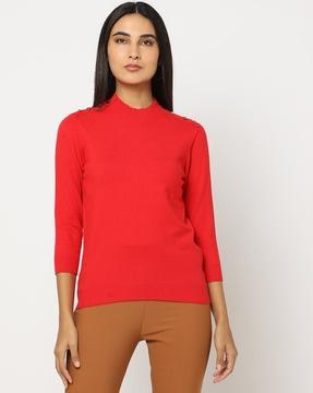 flat-knit pullover with button accent