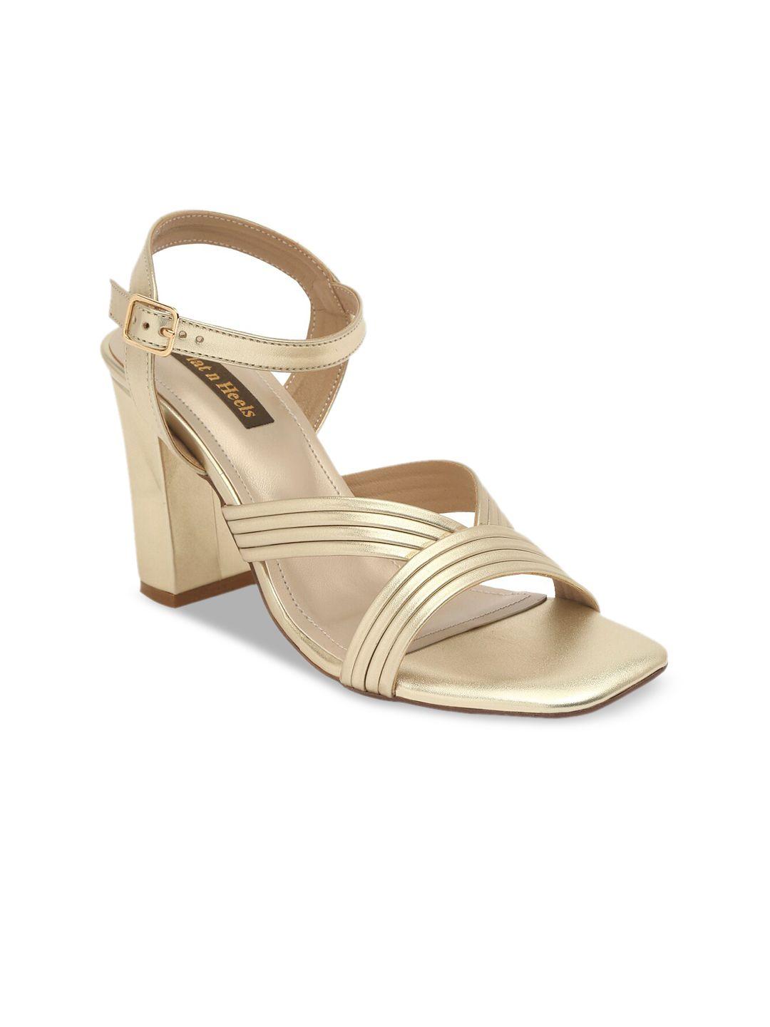 flat n heels gold-toned striped block sandals with buckles