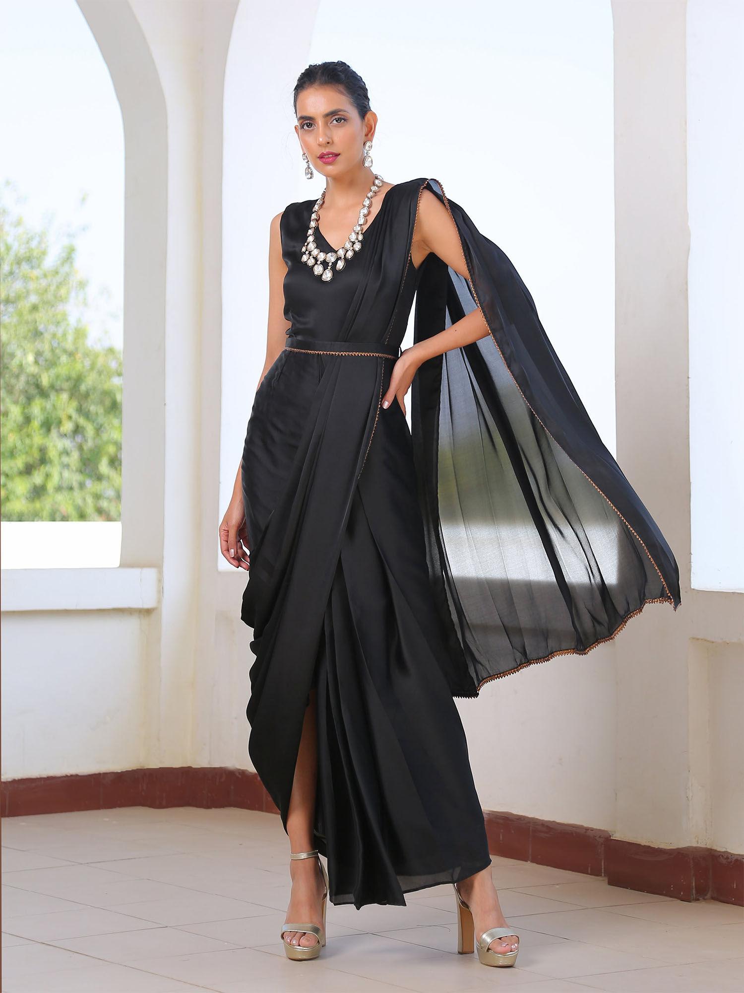 flattering black pleated dress style saree with belt