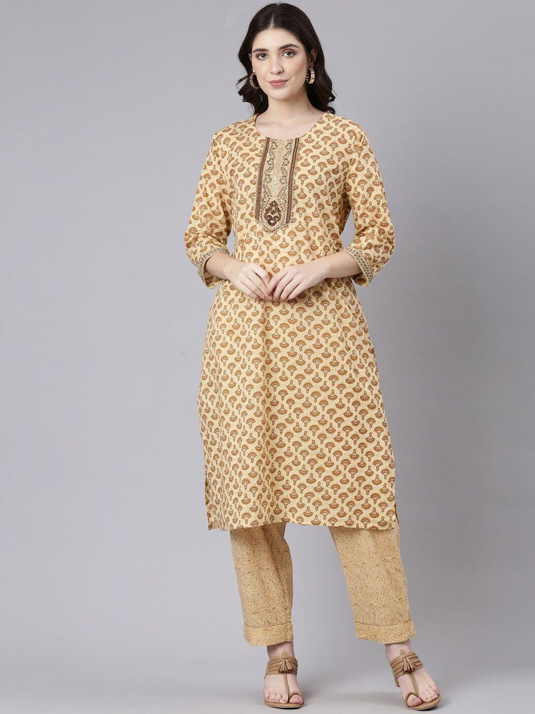 flavido ethnic motifs printed gotta patti detail pure cotton straight kurta with trousers