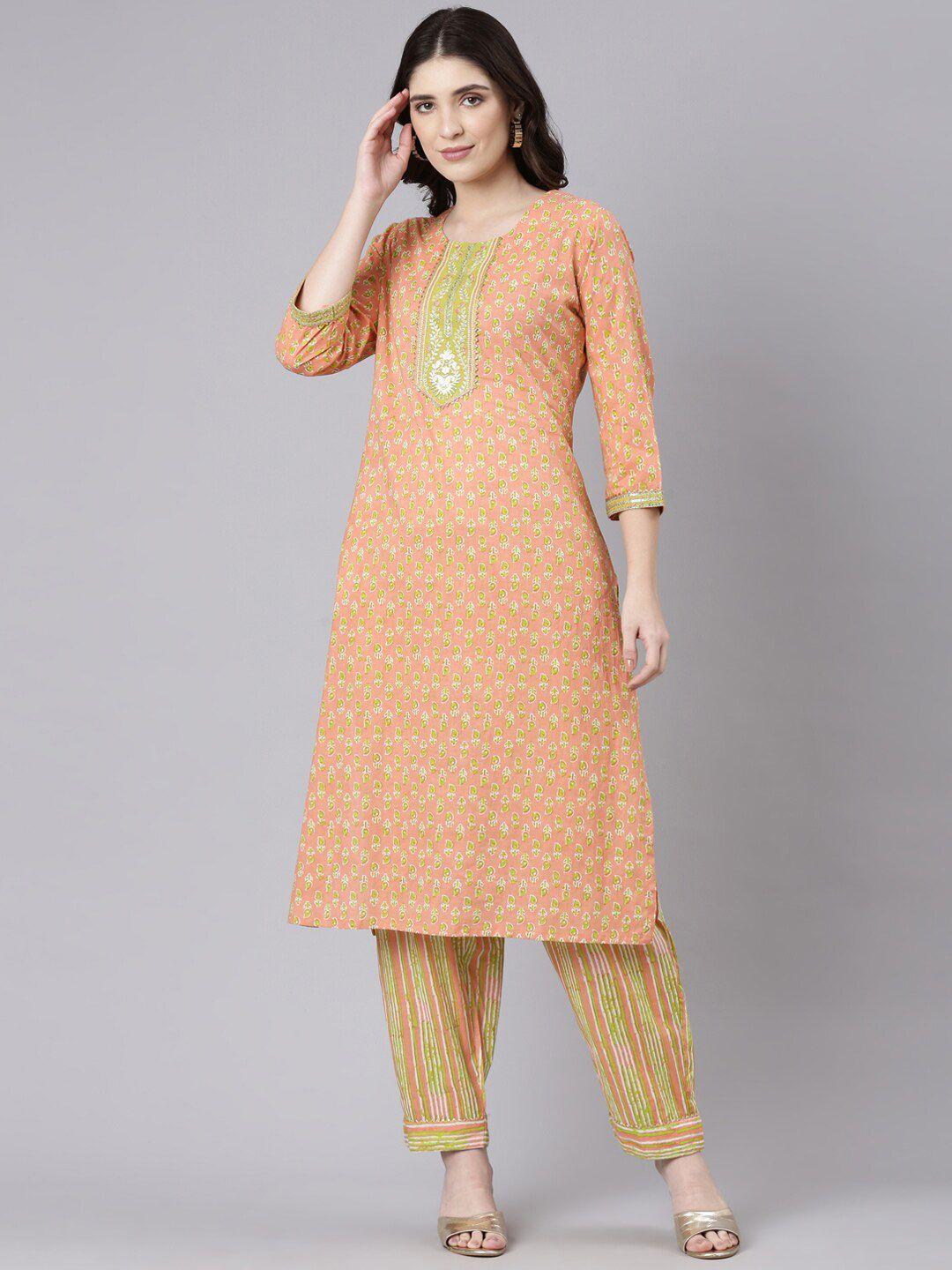 flavido floral printed thread work pure cotton kurta with trousers