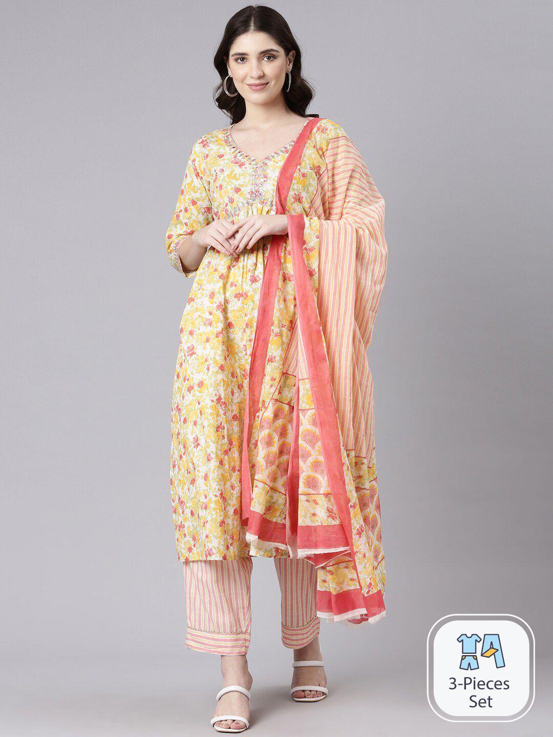 flavido floral printed v-neck mirror work pure cotton a-line kurta & trousers with dupatta