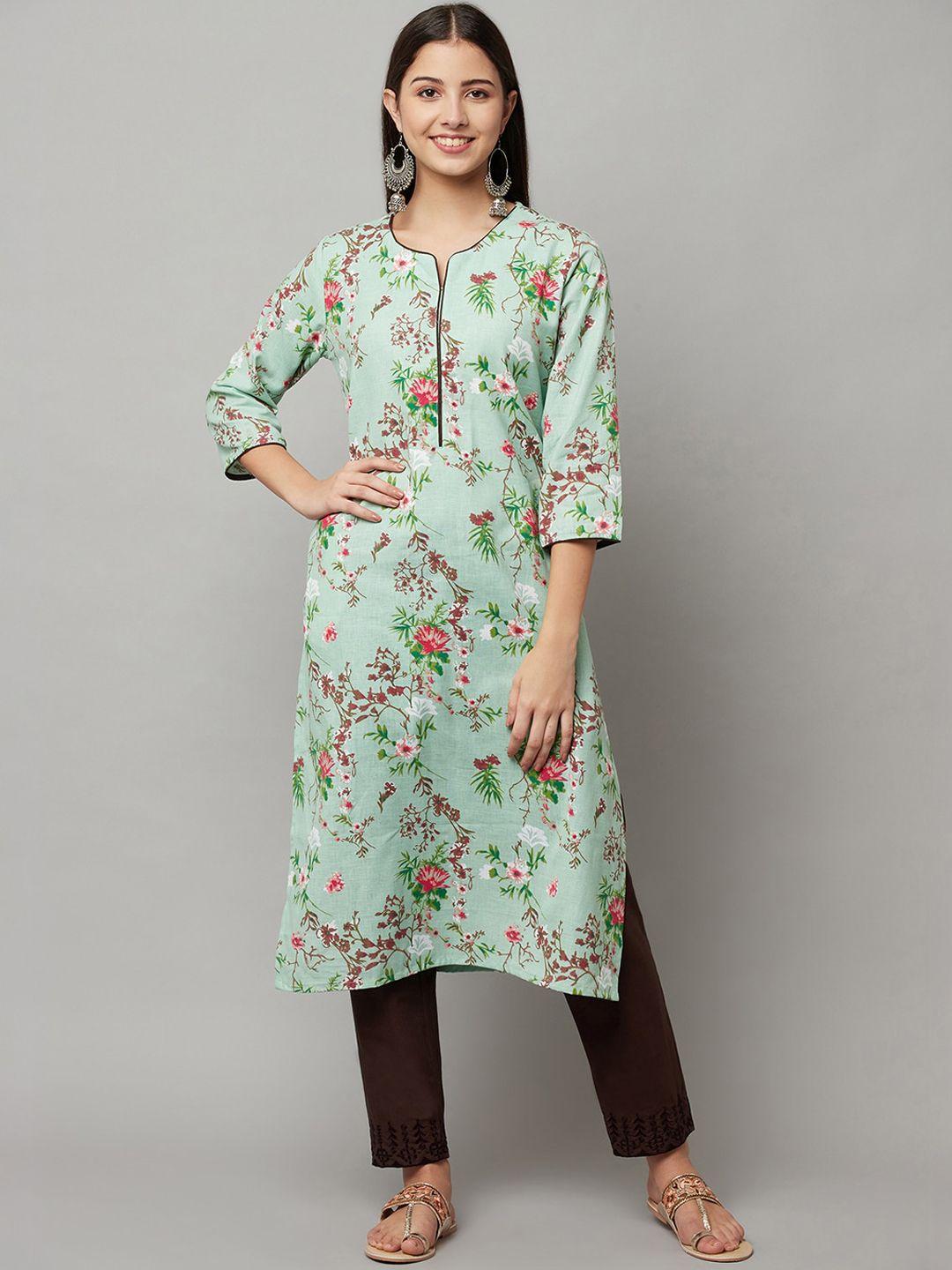 flavido women green floral printed panelled linen kurti with trousers