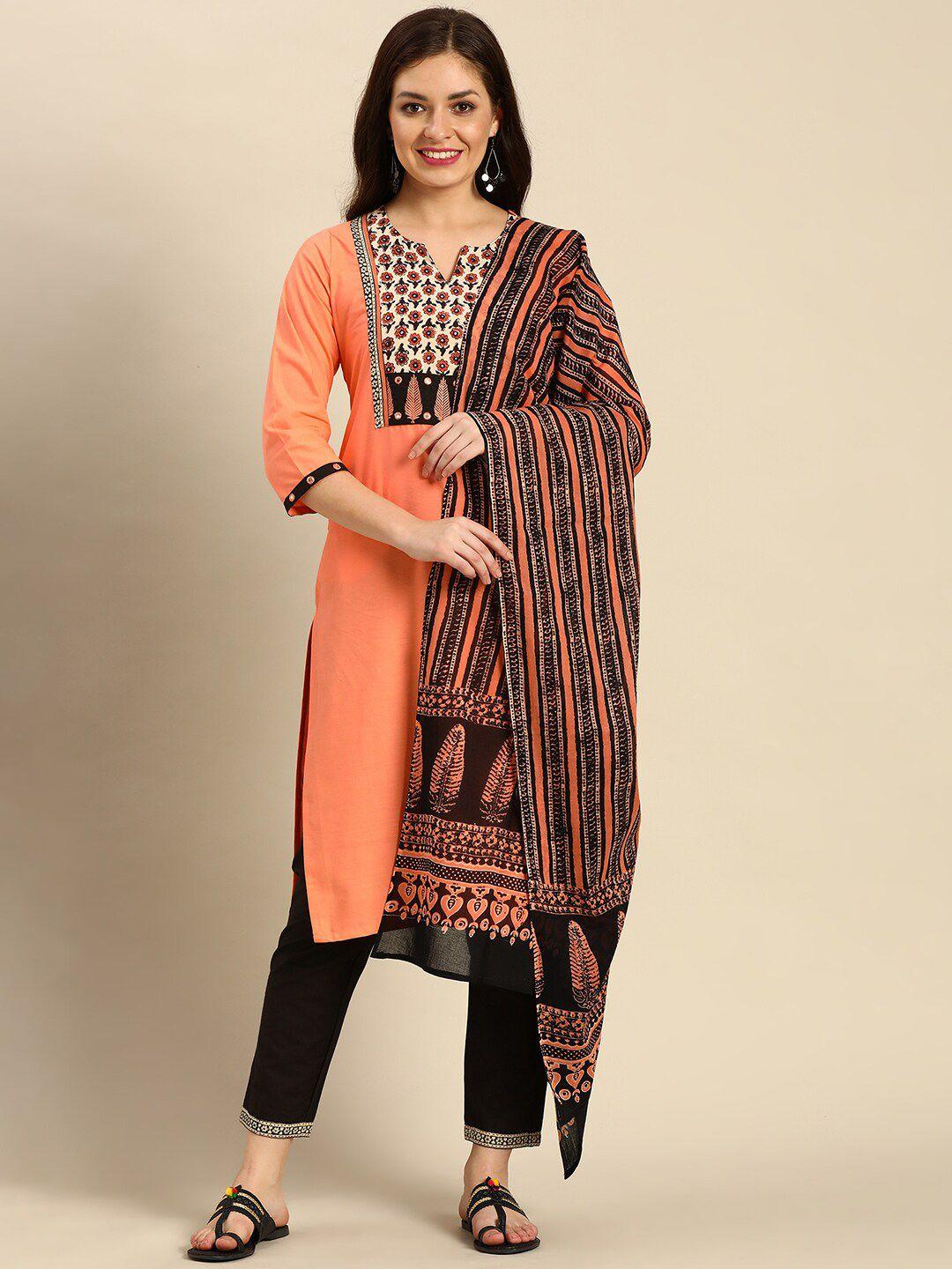 flavido women orange ethnic motifs pure cotton kurti with trousers & with dupatta