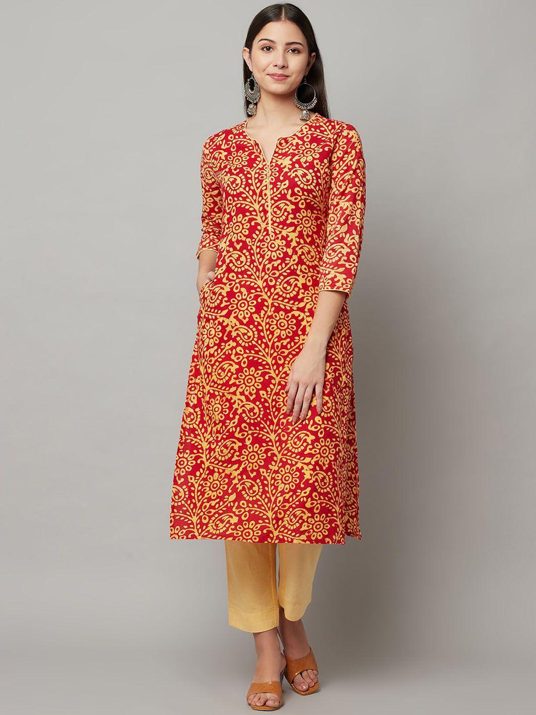 flavido women red printed panelled pure cotton kurti with trousers