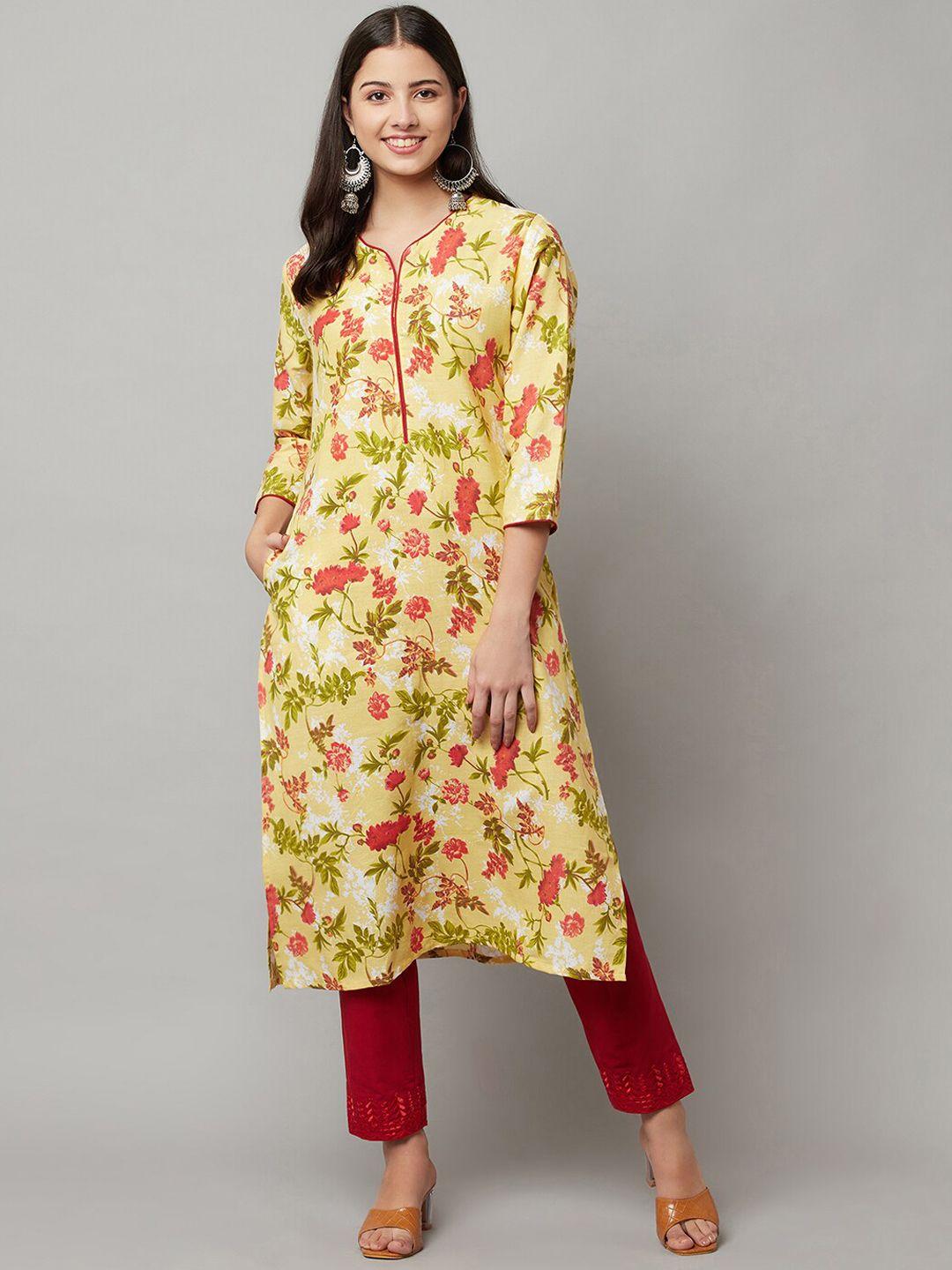 flavido women yellow paisley printed panelled linen kurti with trousers