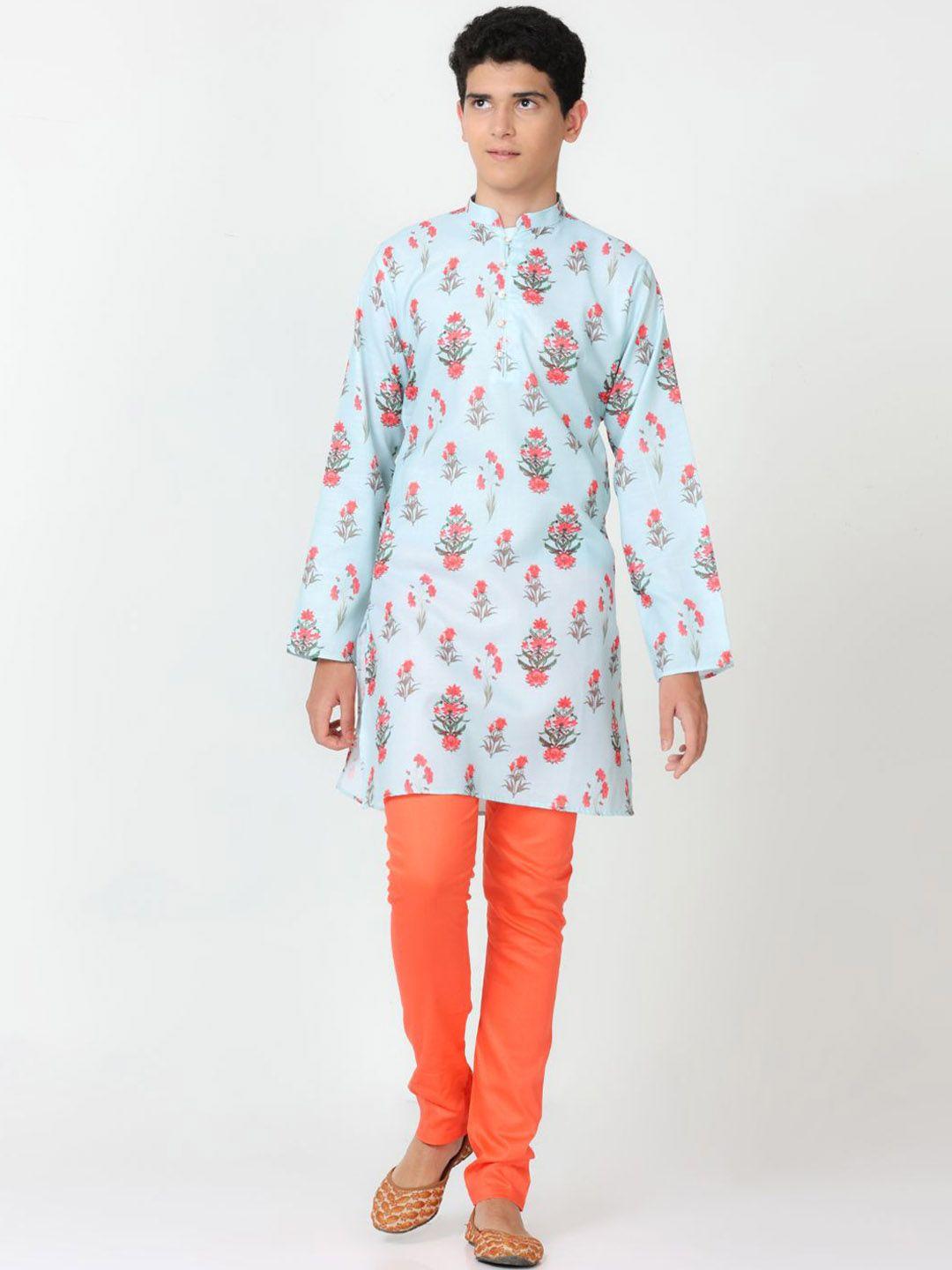 flavido boys blue floral printed regular linen kurti with pyjamas