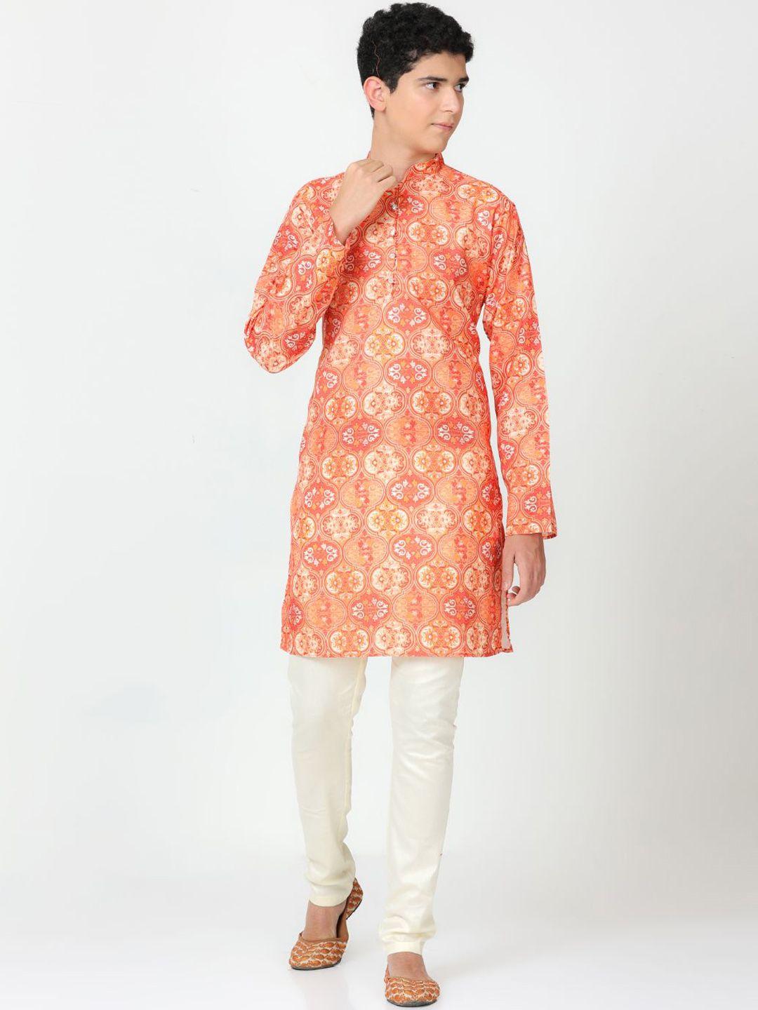 flavido boys orange ethnic motifs printed regular linen kurta with pyjamas