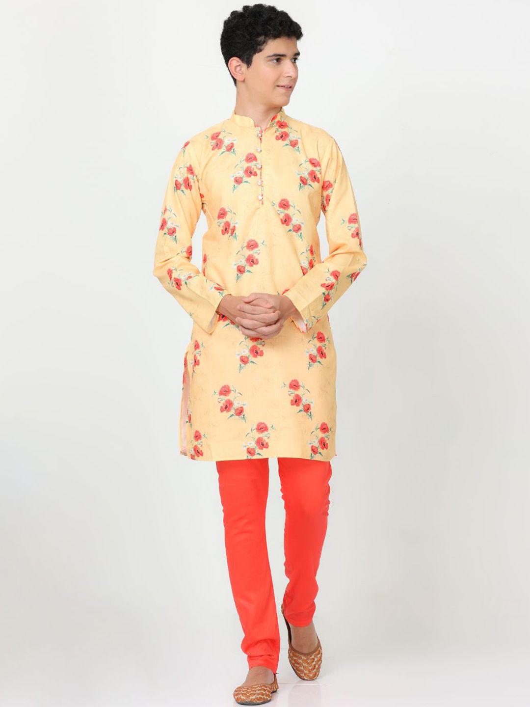 flavido boys yellow floral printed regular linen kurta with pyjamas
