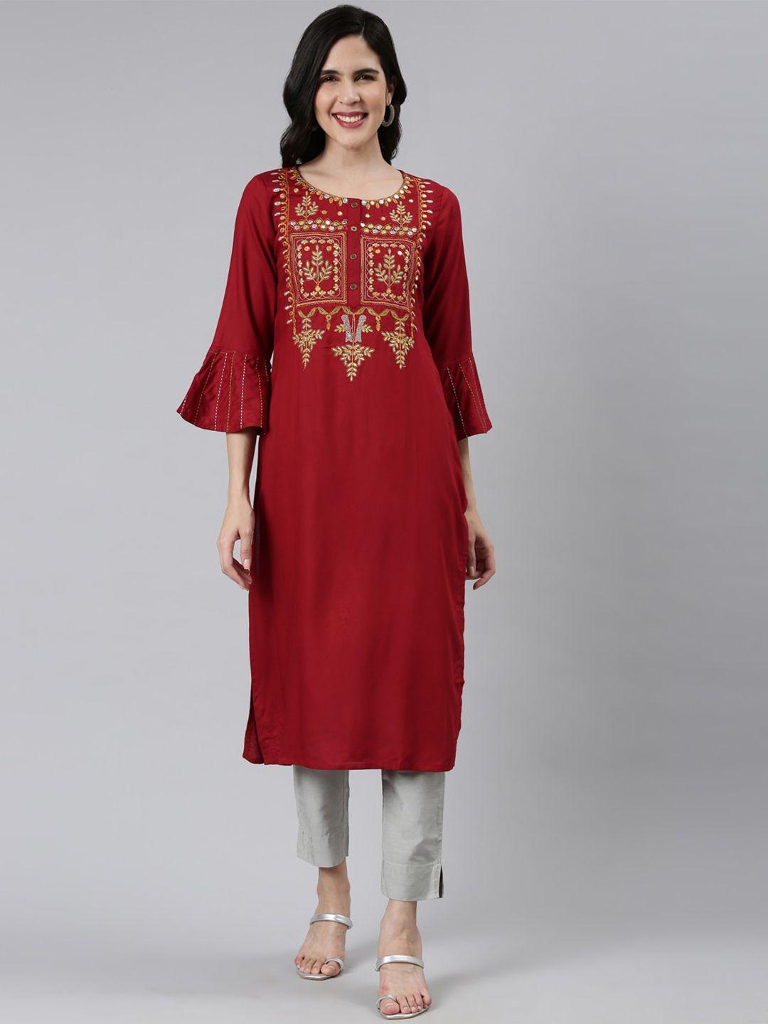 flavido ethnic motifs embroidered bell sleeves mirror work kurta