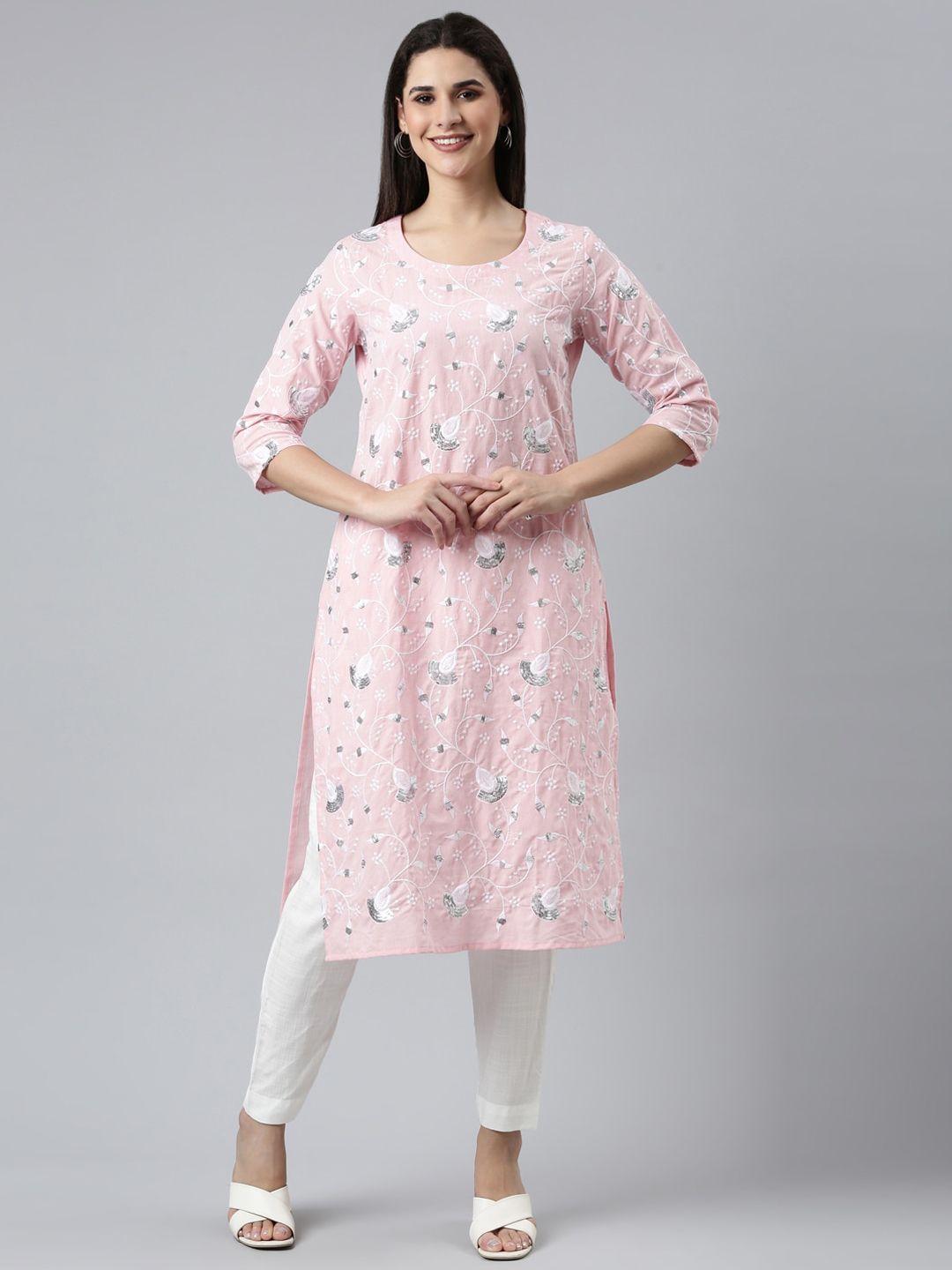 flavido floral embroidered sequinned cotton a-line kurta