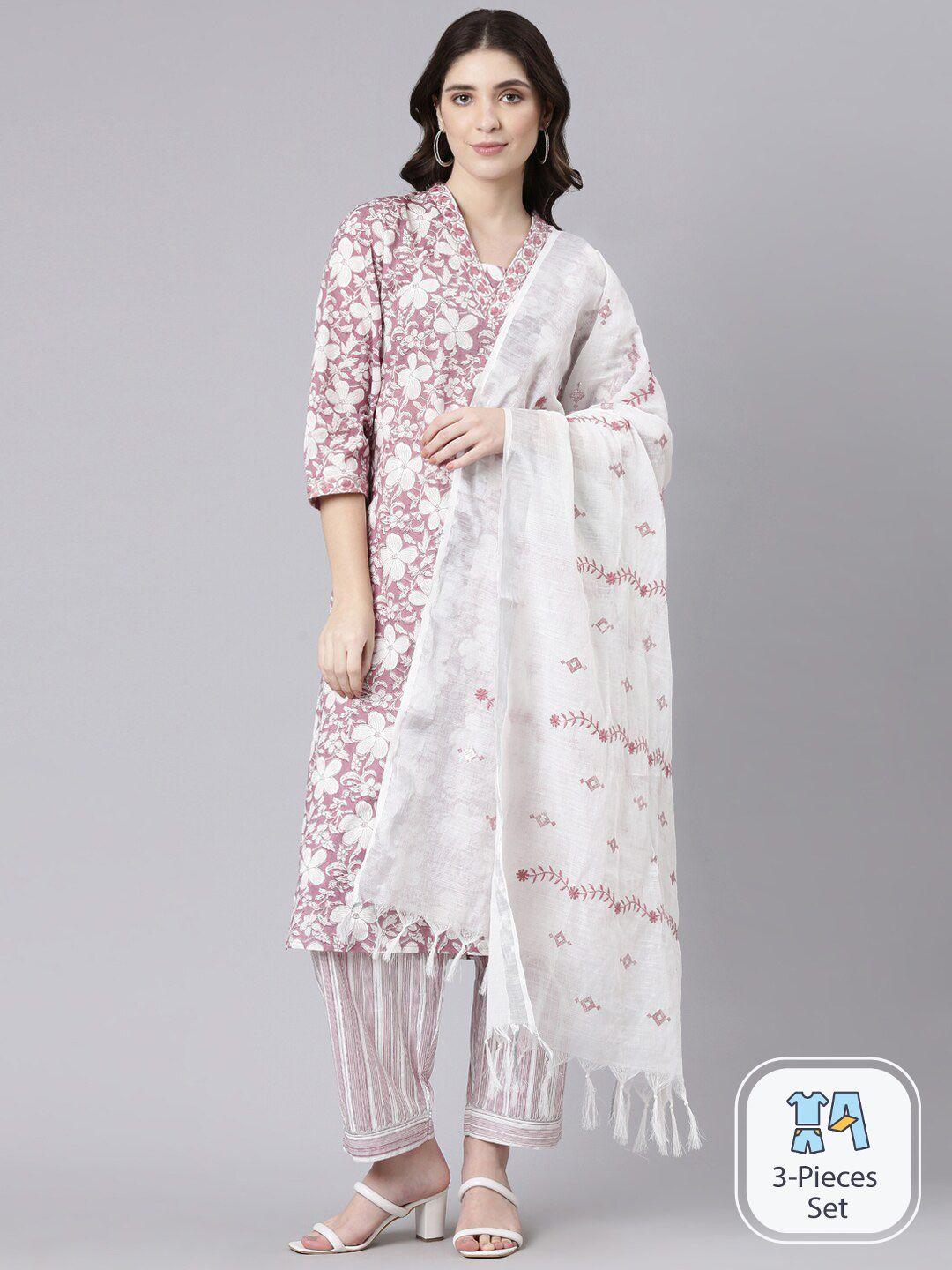 flavido floral printed regular pure cotton kurta with trousers & dupatta