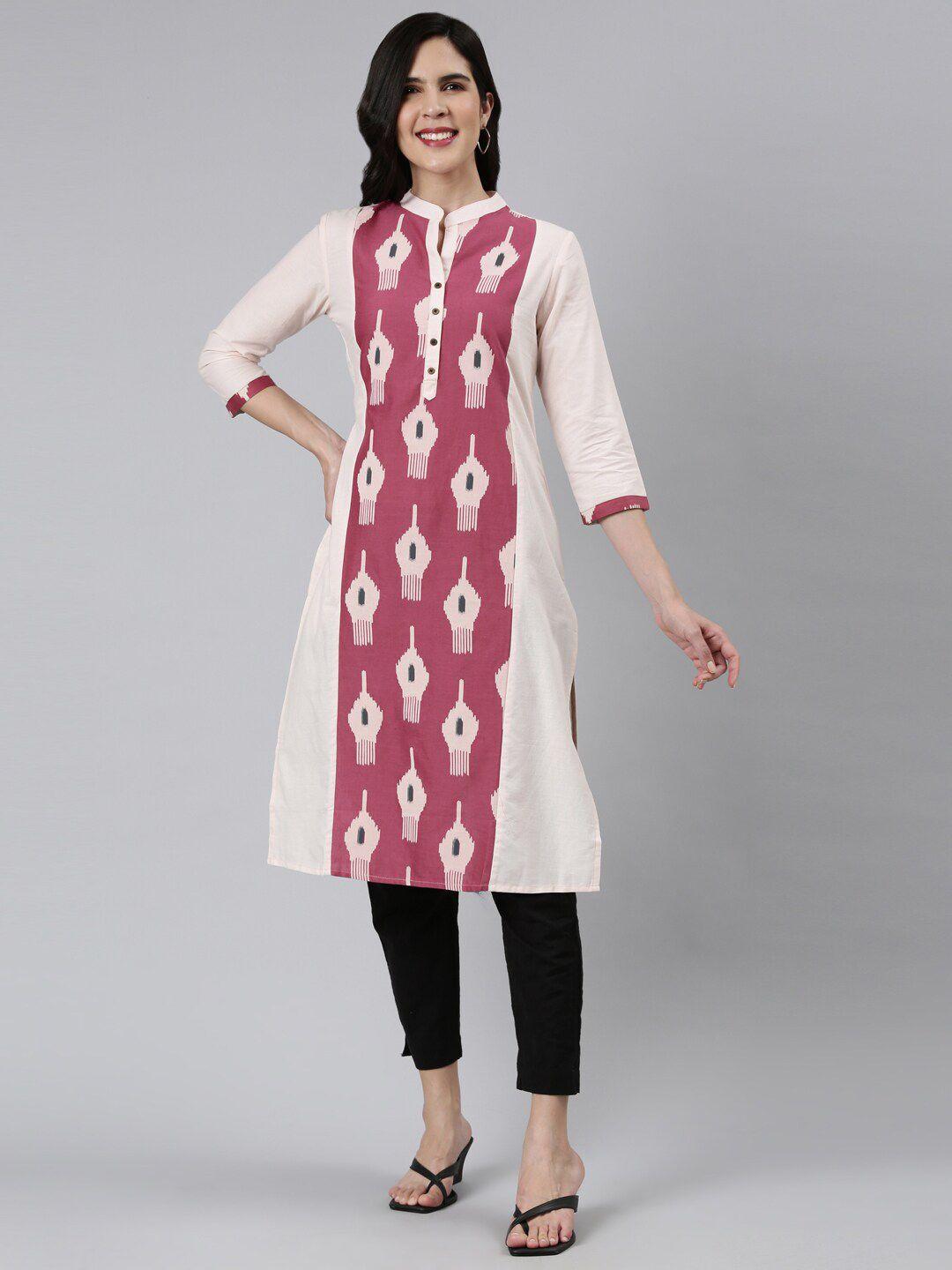 flavido geometric printed mandarin collar cotton straight kurta