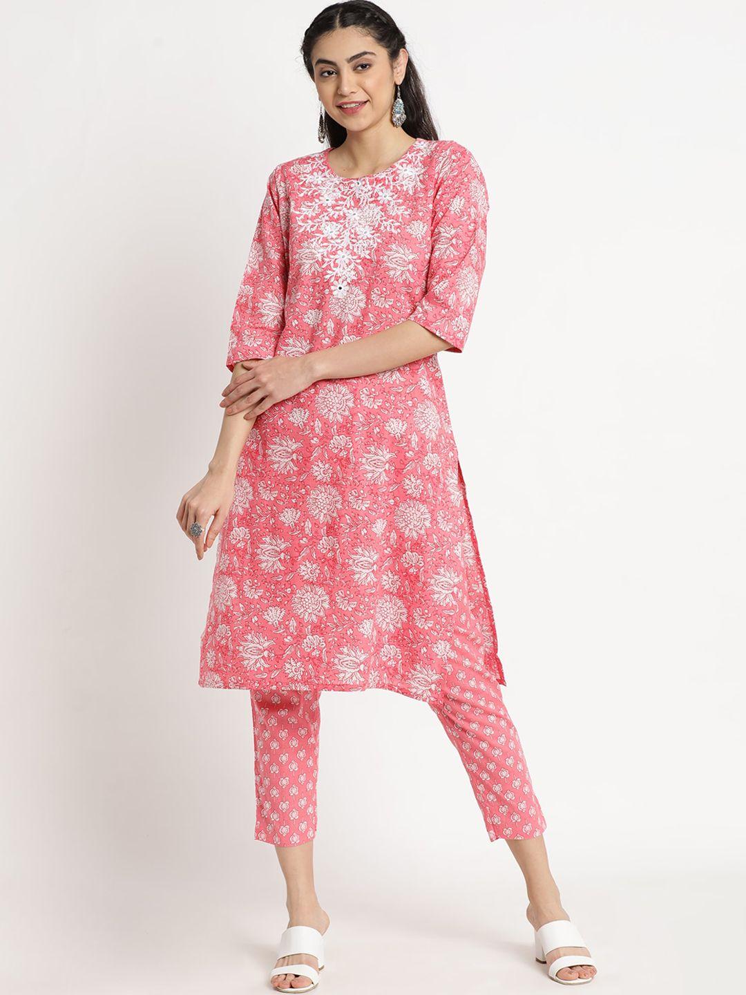 flavido women coral floral printed thread work pure cotton kurta with trouser
