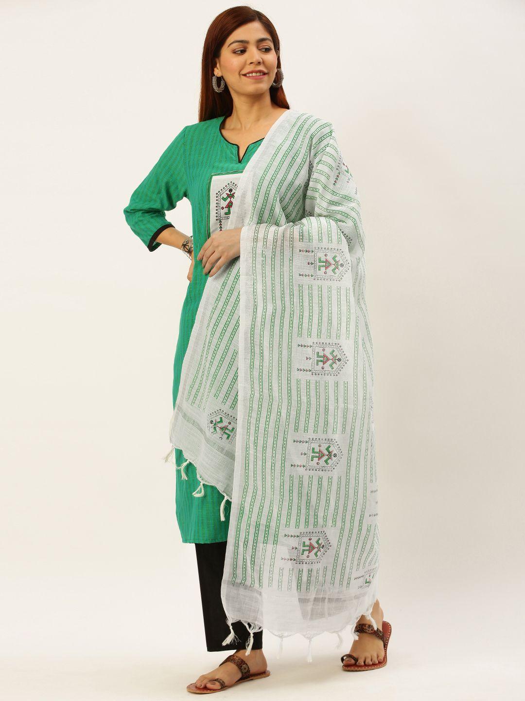 flavido women green & black striped handloom kurta with palazzos & dupatta