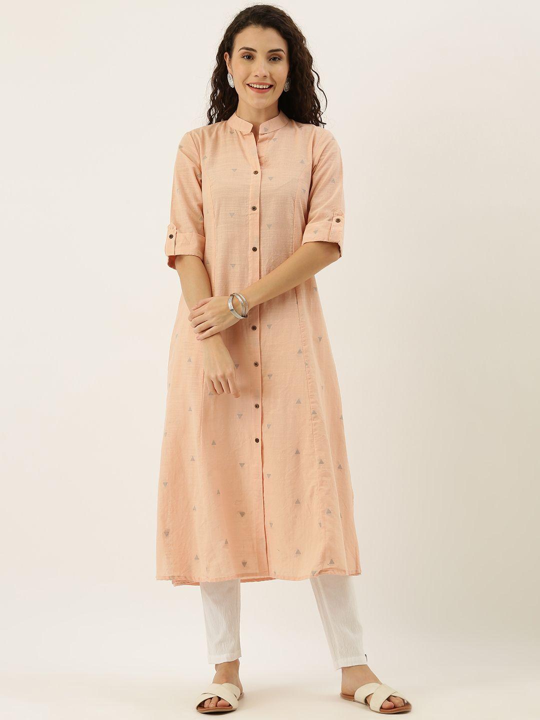 flavido women peach-coloured & grey woven design a-line kurta