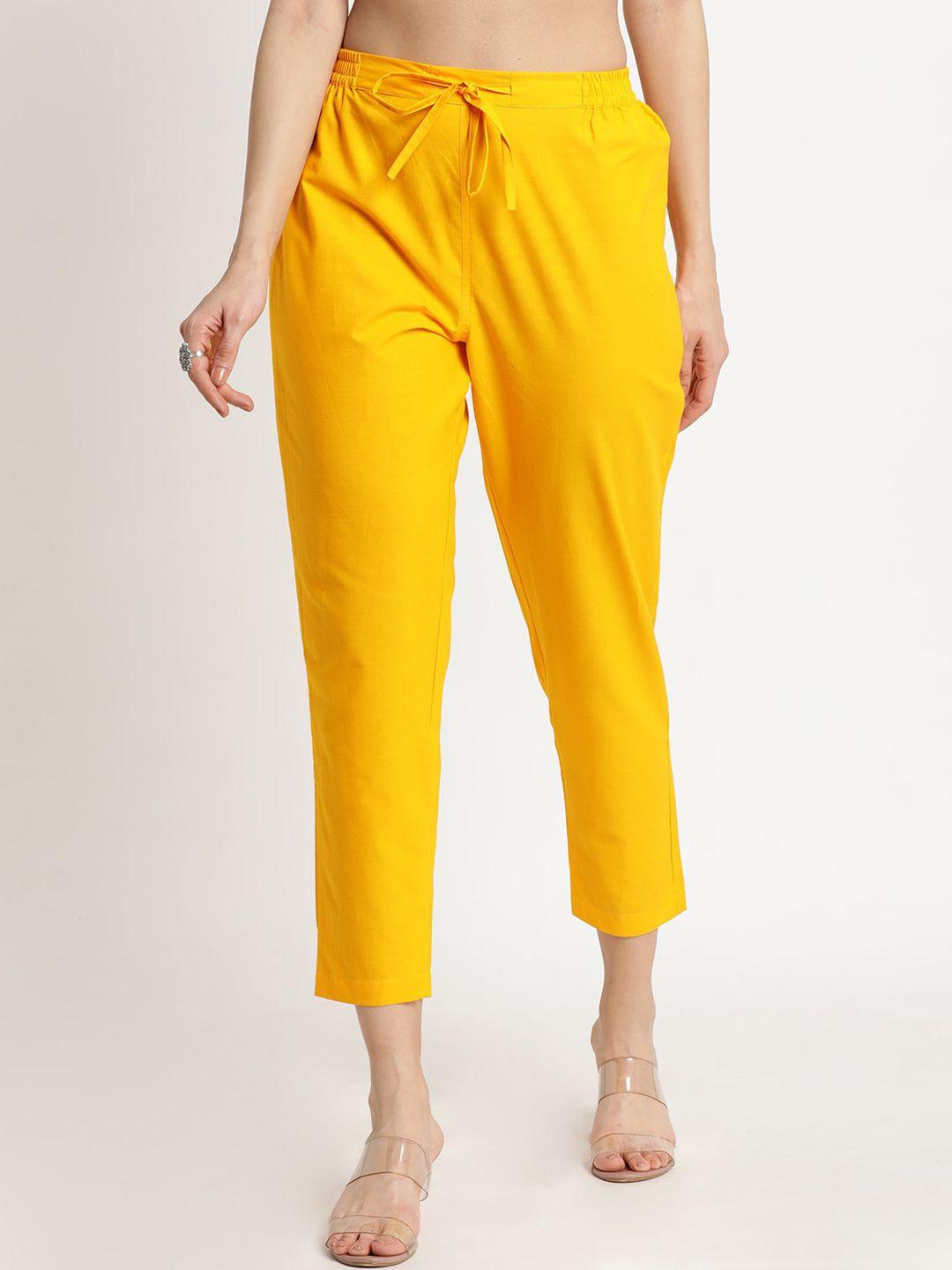 flavido women yellow cotton solid trousers