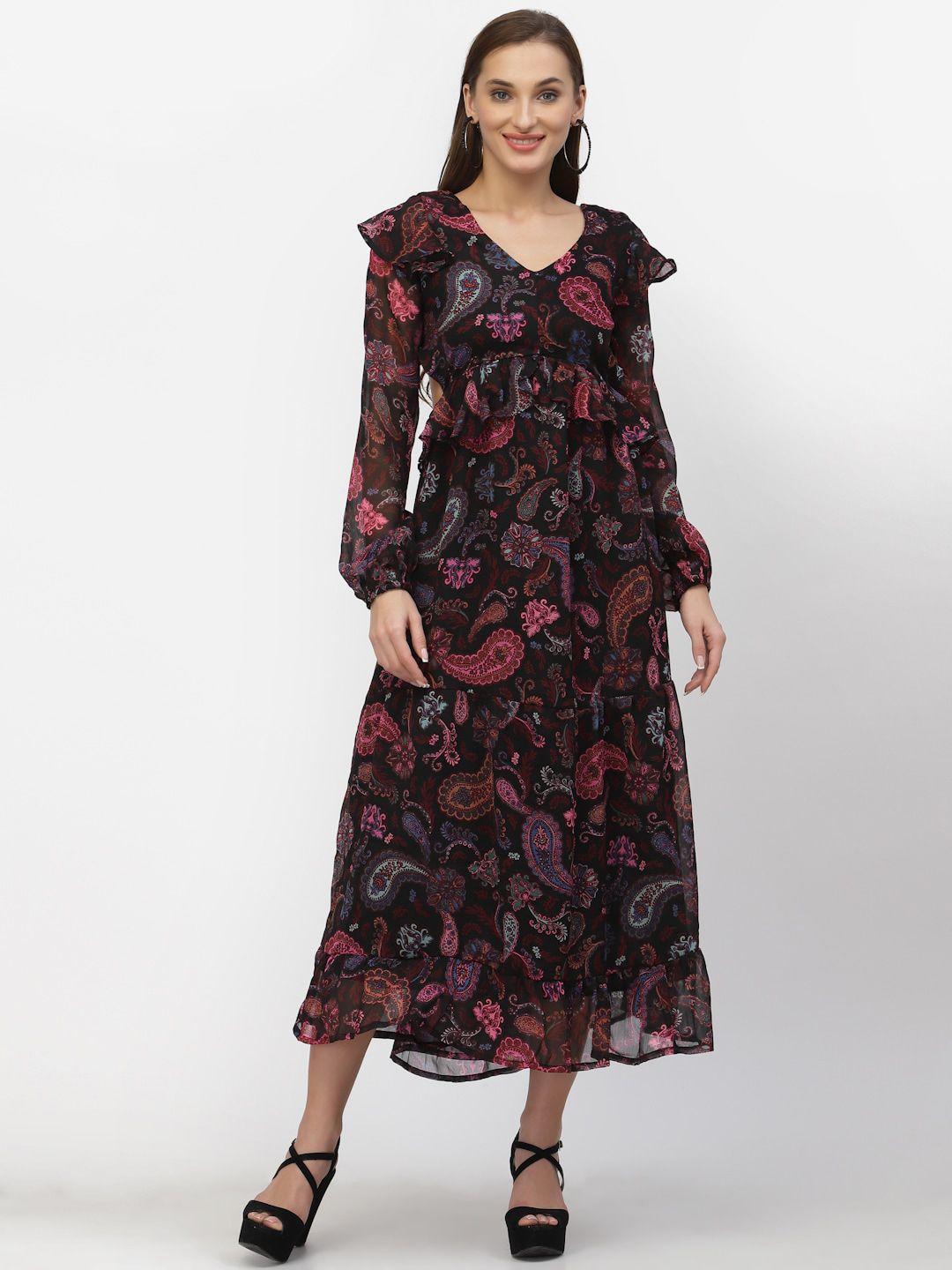 flawless bishop sleeves ethnic motifs printed midi dress comes with a scrunchie