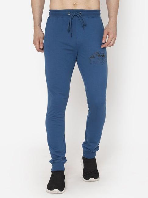 flawless blue cotton regular fit printed joggers pants