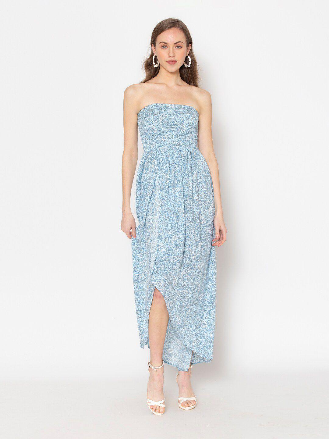 flawless blue floral printed off-shoulder regular fit maxi dress
