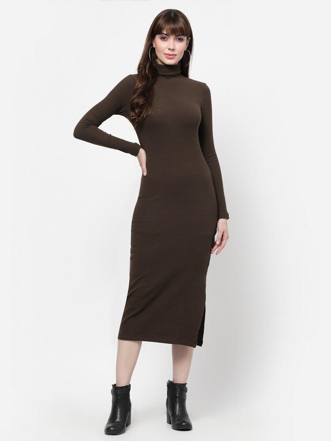 flawless brown solid high neck sweater maxi dress