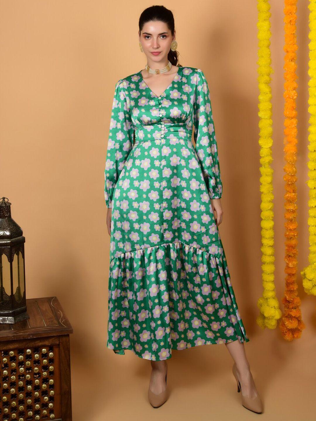 flawless green floral print satin a-line maxi dress