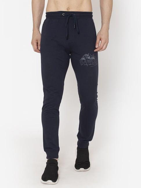 flawless navy blue cotton regular fit printed joggers pants